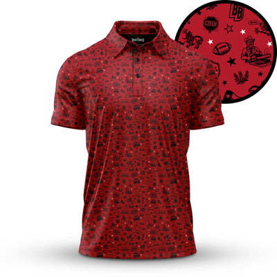 A red polo shirt features a pattern of small black icons. A zoomed-in inset shows images like a football, beer mug, pretzel, man holding a mug, “CZECH,” “LBB,” and laurels, all scattered across the shirt. The shirt has a collar and short sleeves.