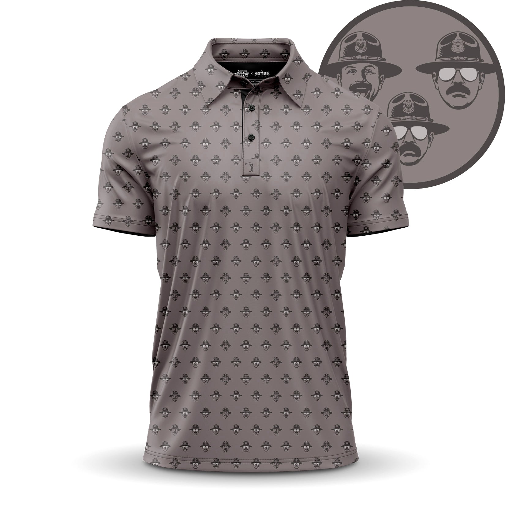 A gray polo shirt with a repeating black fleur-de-lis pattern. In the top right, theres a circular logo featuring three stylized men in hats and sunglasses, drawn in black and white against a gray background.