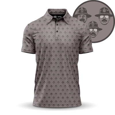 A gray polo shirt with a repeating black fleur-de-lis pattern. In the top right, theres a circular logo featuring three stylized men in hats and sunglasses, drawn in black and white against a gray background.