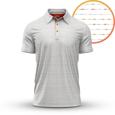 The Heat Index - Polo is a light gray short-sleeve shirt with thin orange and gold lines in a repeating line and dot pattern. It features an athletic fit, buttoned collar, moisture-wicking fabric, and a small embroidered logo.