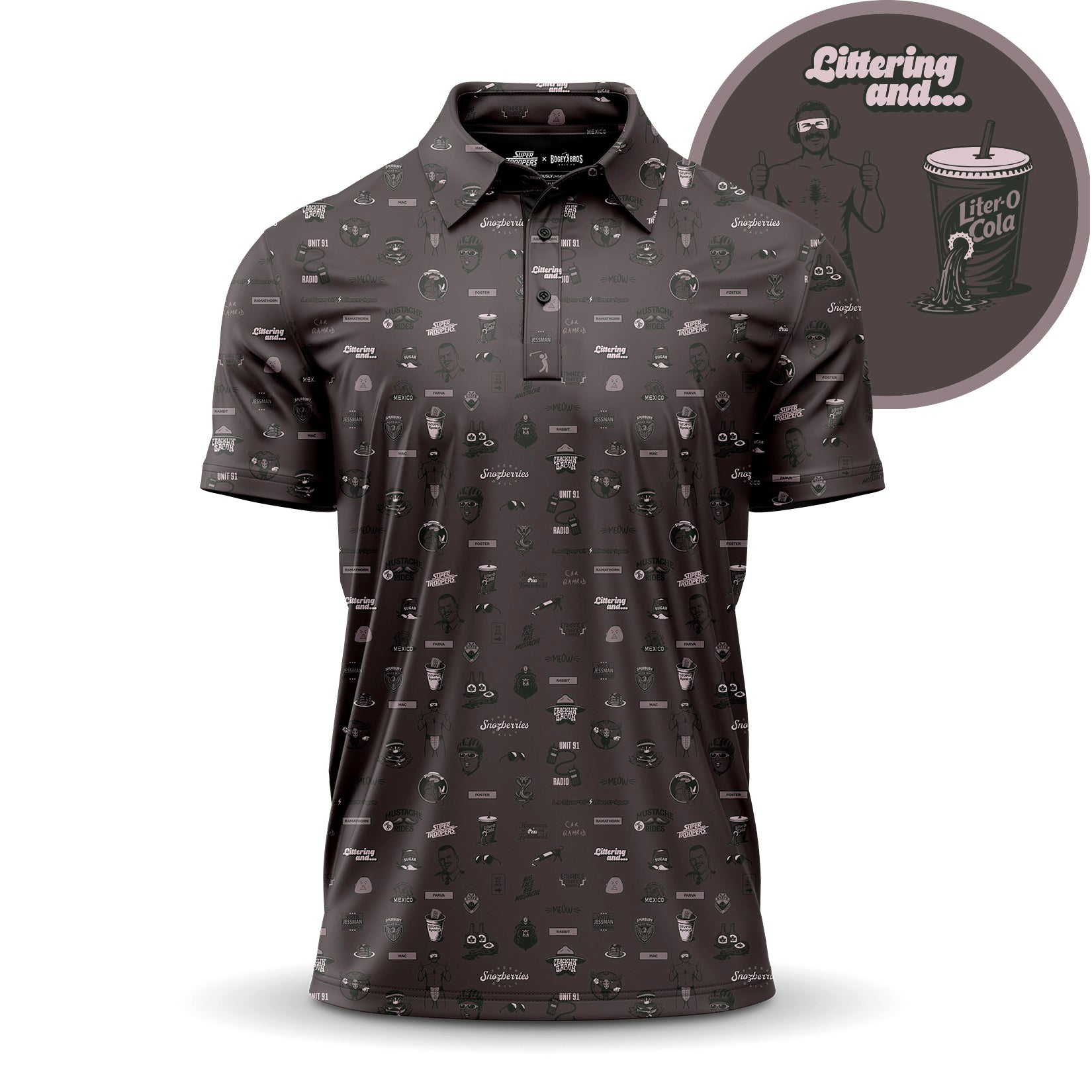 A dark polo shirt features a scattered all-over print of small icons and text. In the corner, a round graphic shows a soda cup labeled Liter O Cola and the phrase Littering and… with cartoon sketches in the background.