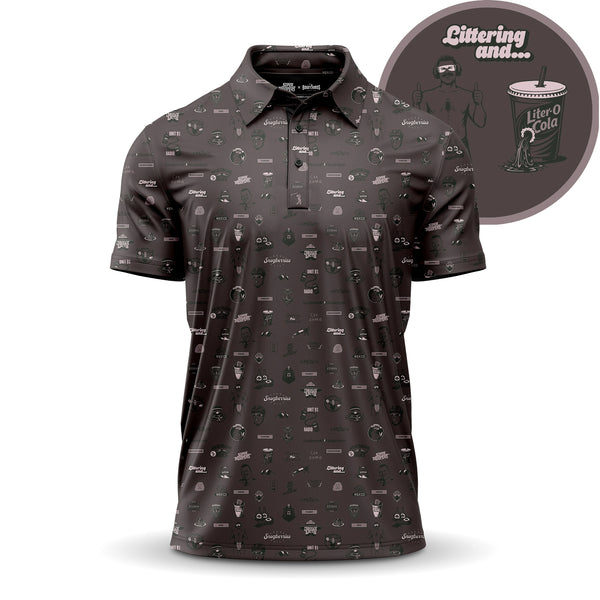 A dark polo shirt features a scattered all-over print of small icons and text. In the corner, a round graphic shows a soda cup labeled Liter O Cola and the phrase Littering and… with cartoon sketches in the background.