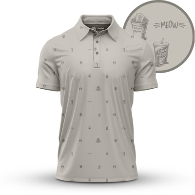 A light gray polo shirt with small, subtle icons printed all over it. Icons include a soda cup, burger, and cat. An inset shows a close-up of the icons and the word MEOW above a cartoon cat. The background is plain white.