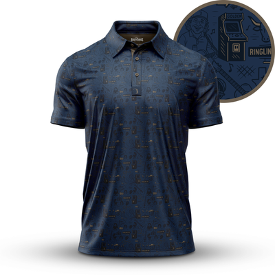 Ringling Road - Polo in navy blue, featuring an all-over pattern of subtle golden arcade machines, musical notes, and cartoon faces. Designed with a collar, three-button placket, short sleeves, and a fitted silhouette. Inset showcases the intricate detailing of the pattern.