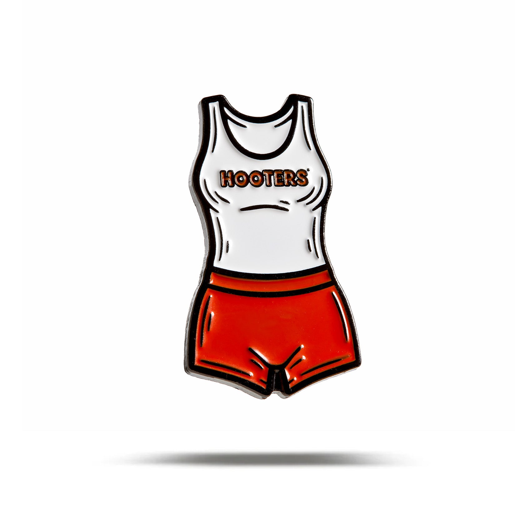 The Uniform - Ball Marker is a soft enamel pin designed to resemble a white tank top with HOOTERS in orange and orange shorts, mimicking the iconic Hooters waitress uniform on a plain white background with a subtle shadow.