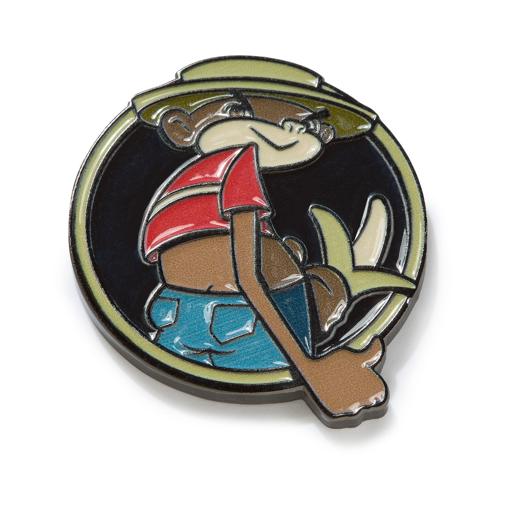 A playful cartoon monkey named Johnny Chimpo, outlined in black and set against a circular background, wears a yellow hat, red shirt, and blue shorts as it looks over its shoulder while holding a peeled banana. Attached to its shorts by a magnetic clip is the Johnny Chimpo - Ball Marker—featuring iron nickel plating—which the monkey playfully shows off in this vibrant, colorful design.