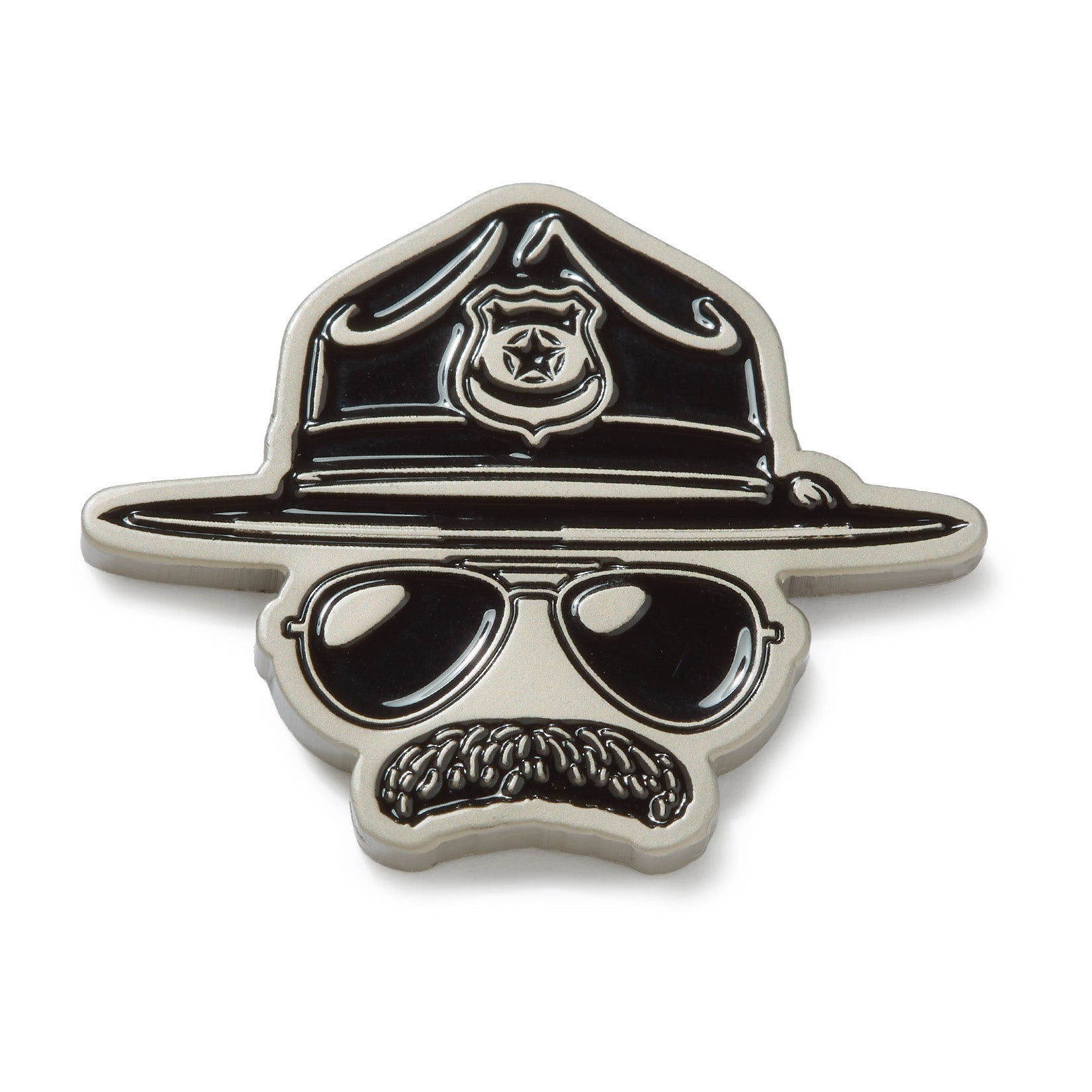 Introducing the Super Cop - Ball Marker: a pin cleverly designed to resemble a police officer’s hat (complete with badge emblem), classic aviator sunglasses, and a thick mustache—suggesting the face of an officer without eyes, nose, or mouth. This metal ball marker is crafted with iron nickel plating and includes a magnetic clip for easy attachment.