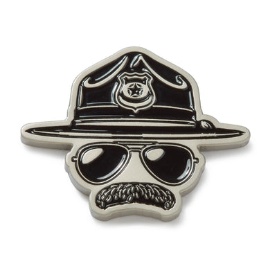 Introducing the Super Cop - Ball Marker: a pin cleverly designed to resemble a police officer’s hat (complete with badge emblem), classic aviator sunglasses, and a thick mustache—suggesting the face of an officer without eyes, nose, or mouth. This metal ball marker is crafted with iron nickel plating and includes a magnetic clip for easy attachment.