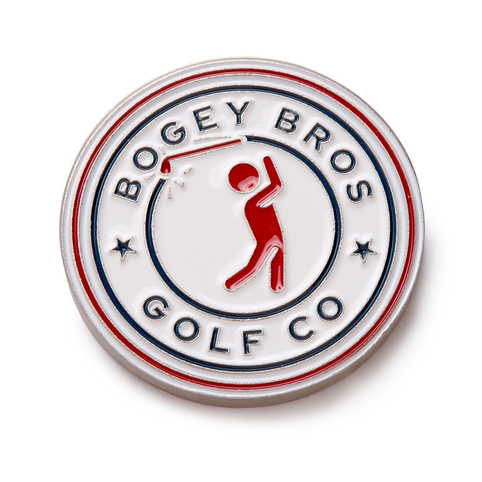A round metal pin featuring a red silhouette of a golfer swinging a club in the center, surrounded by the text BOGEY BROS GOLF CO in bold letters, with two small stars on either side, all on a white background with red and blue accents.