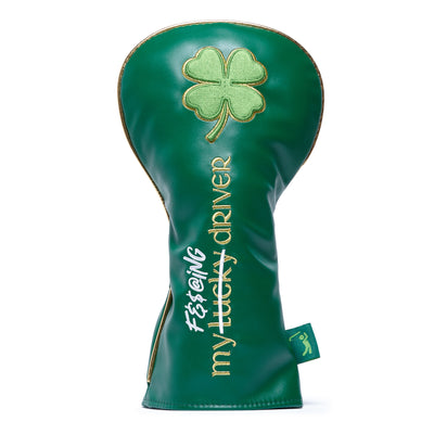 The Gettin' Lucky - Driver Headcover is crafted from premium green PU leather with a large embroidered four-leaf clover, gold trim, “my LUCKY DRIVER” and “Festang” stitching in gold and white, plus a small green tag for added style.