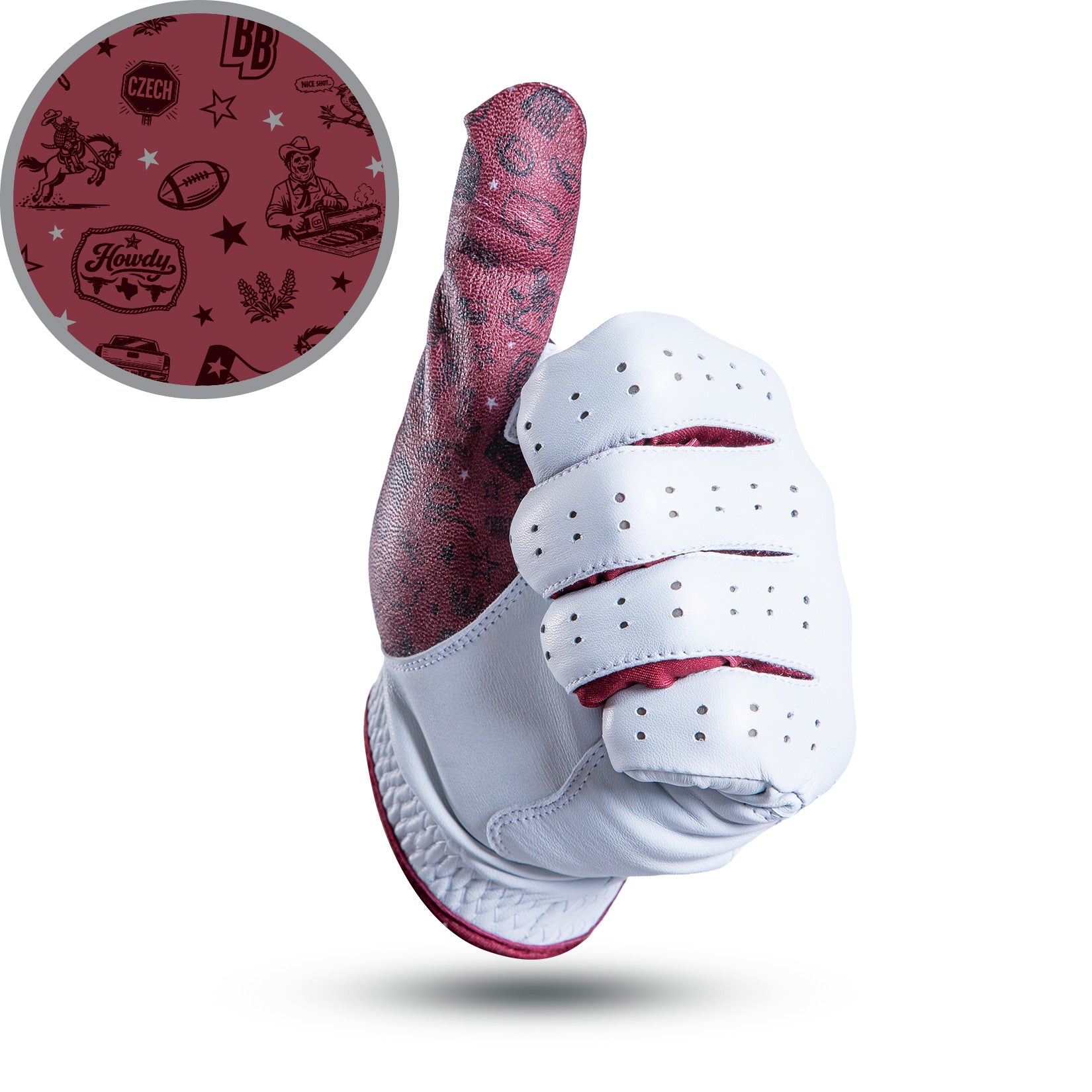A white golf glove with a maroon-patterned palm shows a thumbs up. The inset magnifies the palm, revealing images like a football, a cowboy, Howdy, Czech, and various Texas-themed icons in dark maroon on the lighter background.