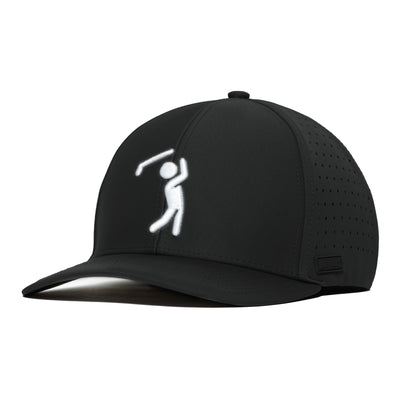 The Bogeyman Black Performance Golf Hat features a white stick figure swinging a golf club on the front, performance fabric, a curved brim, an elastic stretch fit band for comfort, and ventilation holes for breathability and style.
