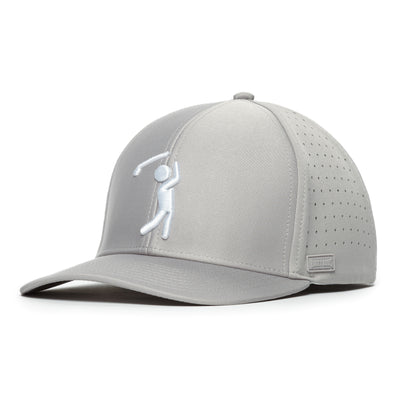 The Bogeyman Light Grey Performance Golf Hat features a curved brim, perforated side panels, sweat stain resistant material, a white embroidered stick figure golfing on the front, and a small rectangular patch near the brim.