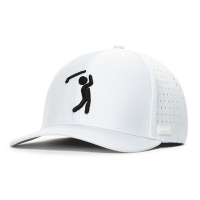 The Bogeyman White Performance Golf Hat is a stretch-fit white cap with a curved brim, side ventilation holes, and a black embroidered golfer silhouette plus a small white tag near the right side of the brim.