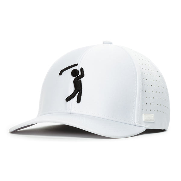 The Bogeyman White Performance Golf Hat is a stretch-fit white cap with a curved brim, side ventilation holes, and a black embroidered golfer silhouette plus a small white tag near the right side of the brim.