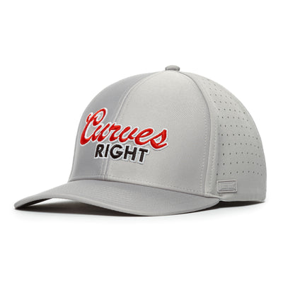 The Curves Right - Performance Golf Hat - Stretch Fit is a light gray cap with a curved brim, side vent holes, and red and white Curves RIGHT embroidery. Made of performance material, it also has a small rectangular label near the brim.