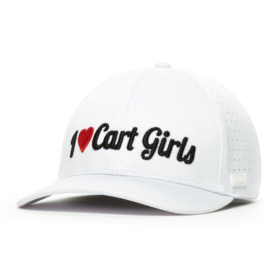 The I Heart Cart Girls - Performance Golf Hat - Stretch Fit is a white cap with perforated sides, crafted from performance fabric. It has a curved brim, structured modern fit, and "I ♥ Cart Girls" embroidered in black with a red heart on the front.