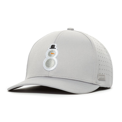 The Snowman - Performance Golf Hat - Stretch Fit is a light gray baseball cap with a curved brim, featuring a snowman patch, side perforations for ventilation, sweat stain resistance, and made from performance material for comfort.