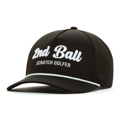 The 2nd Ball Scratch Golfer Performance Golf Rope Hat is a black snapback with “2nd Ball” in bold white script and “SCRATCH GOLFER” below, featuring a curved bill, sweat-resistant fabric, white piping, and side ventilation.