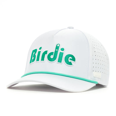 The Birdie Finger Performance Golf Rope Hat is a white snapback cap with green details, bold green "Birdie" embroidery, performance sweat-resistant material, ventilation holes, and a green-trimmed curved brim.