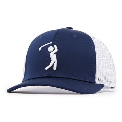 The Bogeyman Navy/White Mesh Trucker Hat features a curved brim, white minimalist embroidered golfer on the front, breathable mesh back, and an adjustable snapback closure for a perfect fit.