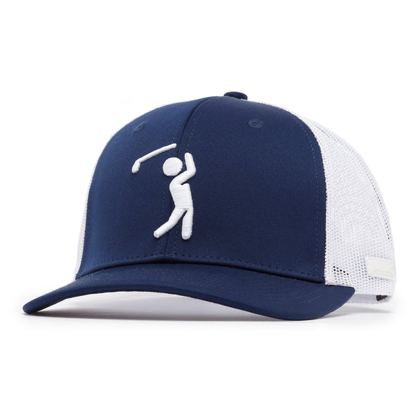 The Bogeyman Navy/White Mesh Trucker Hat features a curved brim, white minimalist embroidered golfer on the front, breathable mesh back, and an adjustable snapback closure for a perfect fit.