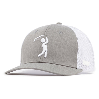The Bogeyman Heather/White Mesh Trucker Hat features gray front panels, a white mesh snapback, curved brim, and an embroidered golfer silhouette on the front with a small white patch on the left side of the brim.