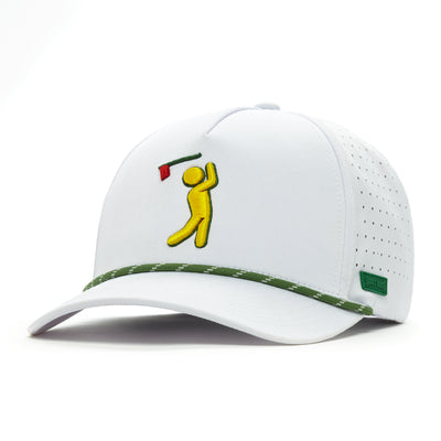 White cap with a golf-themed design on a white background