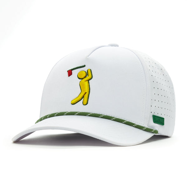 White cap with a golf-themed design on a white background