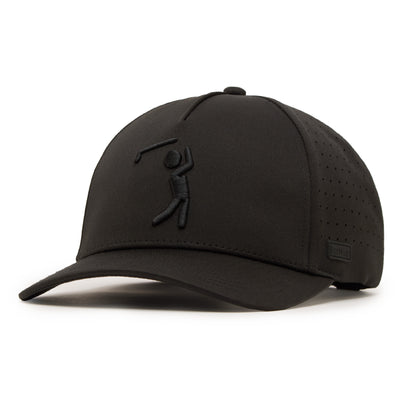 The Bogeyman Black/Black Performance Golf Hat is a snapback cap with an embroidered golfer silhouette, made from breathable performance material with side ventilation holes and a sweat stain resistant curved brim.