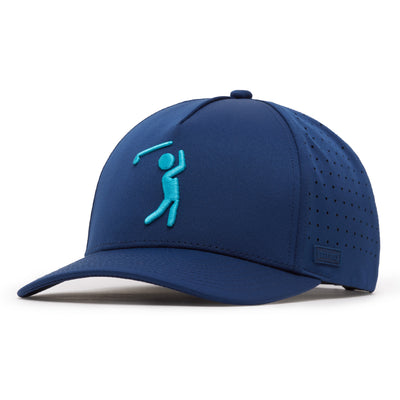 The Bogeyman - Navy/Teal Performance Golf Hat is a snapback cap with a curved brim, turquoise embroidered stick figure golfer, perforated for ventilation, and features a small rectangular tag on the left side.