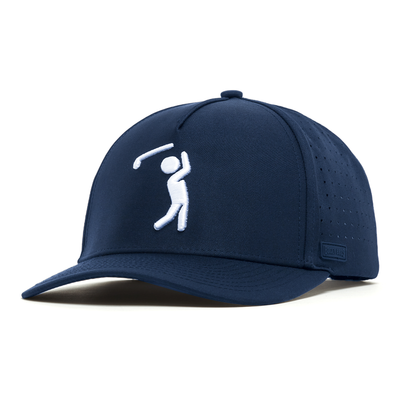 The Bogeyman Navy Performance Golf Hat is a navy snapback with a curved brim, featuring an embroidered white stick figure golfer. Made from sweat stain resistant material with side ventilation holes and a tonal logo tag.