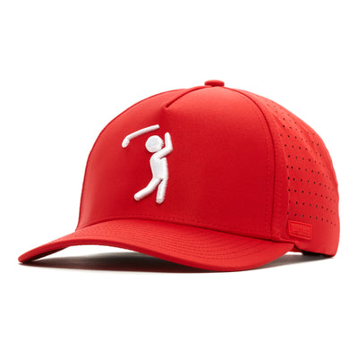 The Bogeyman Red Performance Golf Hat is a bright red snapback with a curved brim, white embroidered golf figure, side ventilation perforations, and a small red patch stitched on the left side. Crafted from performance material for comfort.