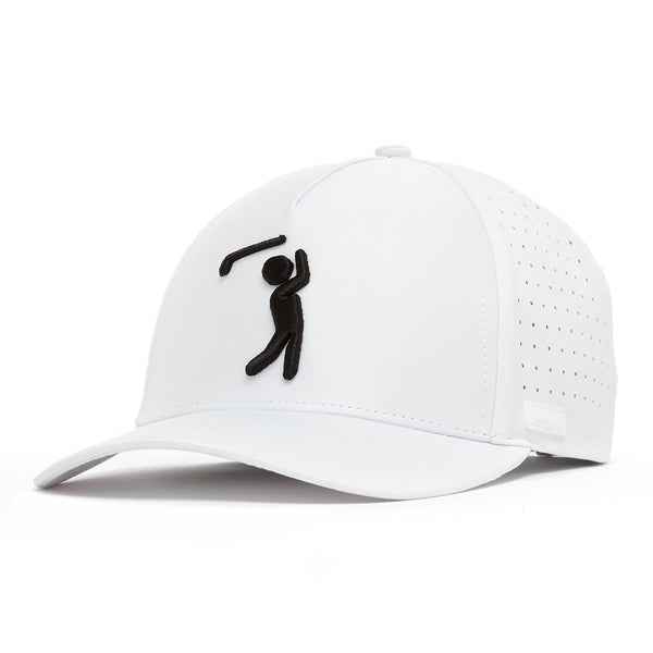 The Bogeyman White Performance Golf Hat is a snapback cap made with performance material, side ventilation holes, and a black embroidered golfer silhouette on the front. It features a curved brim and classic button top for style.