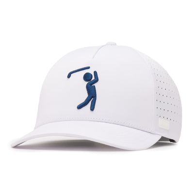 The Bogeyman - White/Navy Performance Golf Hat is a snapback cap with a curved brim, sweat stain resistant design, and features a blue embroidered stick figure golfer plus a small tag above the left brim.