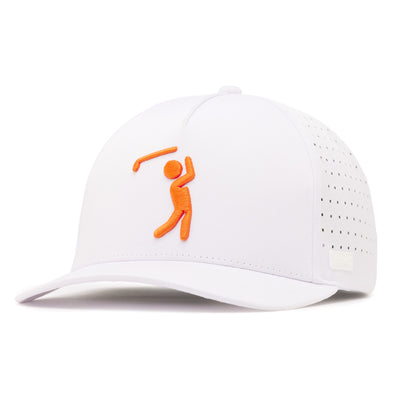 The Bogeyman White/Orange Performance Golf Hat is a white snapback with a curved brim, perforated side panels, and an orange embroidered stick figure swinging a golf club on the front. It includes a small rectangular label near the brim on the right side.