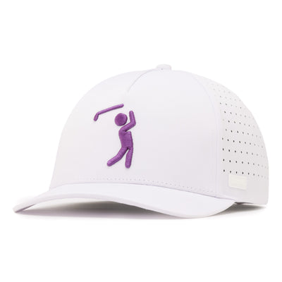 The Bogeyman - White/Purple Performance Golf Hat is a snapback with a curved brim, purple embroidered golfer on the front, side ventilation holes, and a small white tag near the brim. Made from high-performance material.