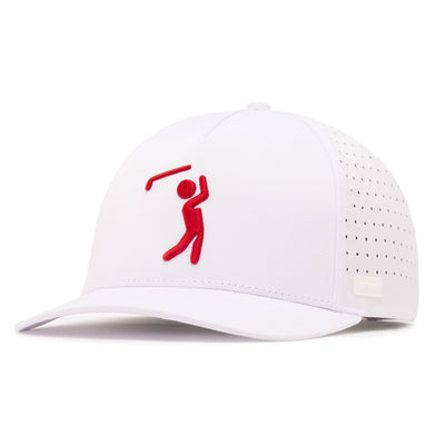 The Bogeyman - White/Red Performance Golf Hat is a white snapback cap featuring a red embroidered golfer, flat brim, sweat stain-resistant fabric, side ventilation holes, and a logo patch near the brim.