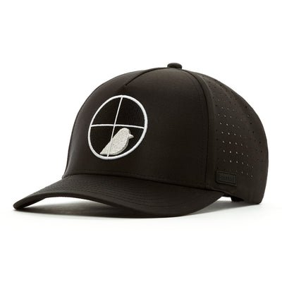 The Elusive Birdie Performance Golf Hat is a black snapback with a curved brim, a white embroidered bird in crosshairs on the front, ventilation holes, performance material, and a small rectangular label on the left side.