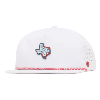 A white snapback hat featuring a Texas-shaped Bogey Boys patch on the front, red accent stitching along the brim, perforated side panels, and a small round logo on the left side.