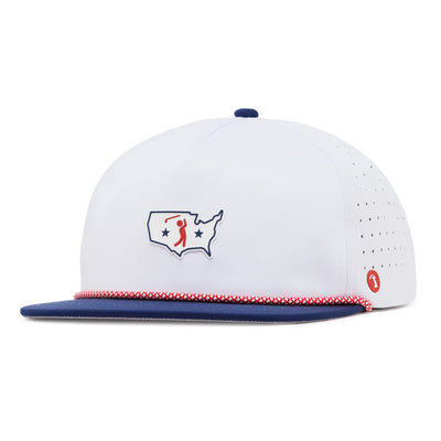 A white baseball cap with a blue brim and a red-white braided trim. The front features an outline of the U.S. with two stars and a red golfer icon. The side has small ventilation holes and a small red circular logo.