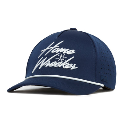 The Home Wrecker - Performance Golf Rope Hat is a navy blue snapback with white “Home Wrecker” cursive embroidery, crack design, and rope detail. Made from sweat-stain resistant material, it features a curved brim with white trim and side vents.