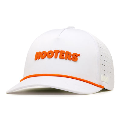 The Hooters Performance Golf Rope Hat is a white snapback featuring bold, raised orange HOOTERS lettering on the front, an orange brim trim, ventilation holes, and a sporty, clean design.