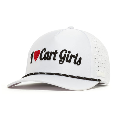 The I Heart Cart Girls - Performance Golf Rope Hat - Snapback is a white hat with black "I [red heart] Cart Girls" embroidery, sweat stain resistant material, side ventilation holes, and a black-and-white rope over the brim.
