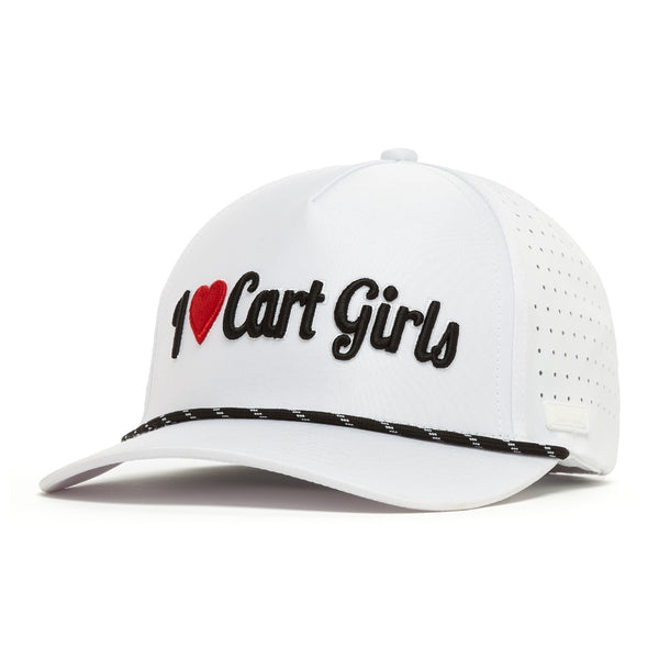 The I Heart Cart Girls - Performance Golf Rope Hat - Snapback is a white hat with black "I [red heart] Cart Girls" embroidery, sweat stain resistant material, side ventilation holes, and a black-and-white rope over the brim.