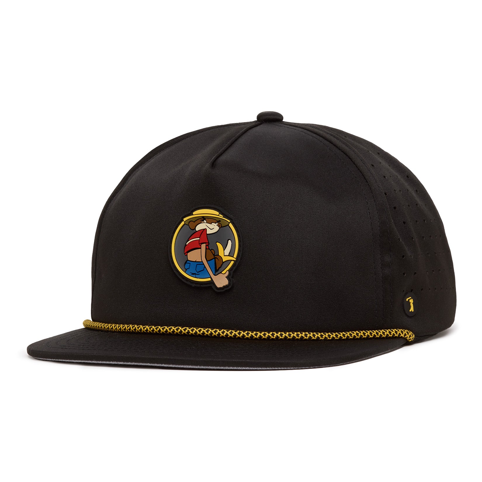 A black snapback hat with a flat brim, gold chain detail above the brim, and a patch showing a cartoon figure in a cowboy hat and red-striped shirt holding a banana. Small gold emblem is visible on the side.
