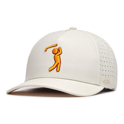 The Glizz Reaper Performance Golf Hat is a light beige snapback with a curved brim, ventilation holes, and made from performance material. It features an orange and yellow embroidered golfer and a small rectangular logo tag on the brim.