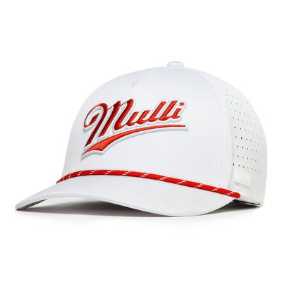 The Mulli - Performance Golf Rope Hat - Snapback is a white cap with “Mulli” in red script, a curved brim, red rope accent, side perforations, sweat stain resistant fabric, snapback closure, and a small white side tag.