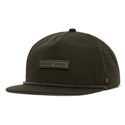A dark olive green snapback hat with a flat brim, a BOGEY BROS patch on the front, a braided rope above the brim, small ventilation holes on the sides, and a small yellow logo on the side.