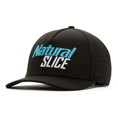 The Natural Slice - Performance Golf Hat - Snapback is a black cap with “Natural SLICE” embroidered in blue and white, made from performance material. It features a curved bill, sweat stain resistance, and a black rectangular tag on the left side.